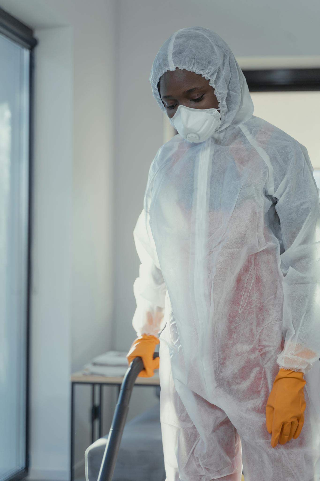 A professional cleaner wearing PPE, including coveralls and a mask, vacuuming a modern indoor space.