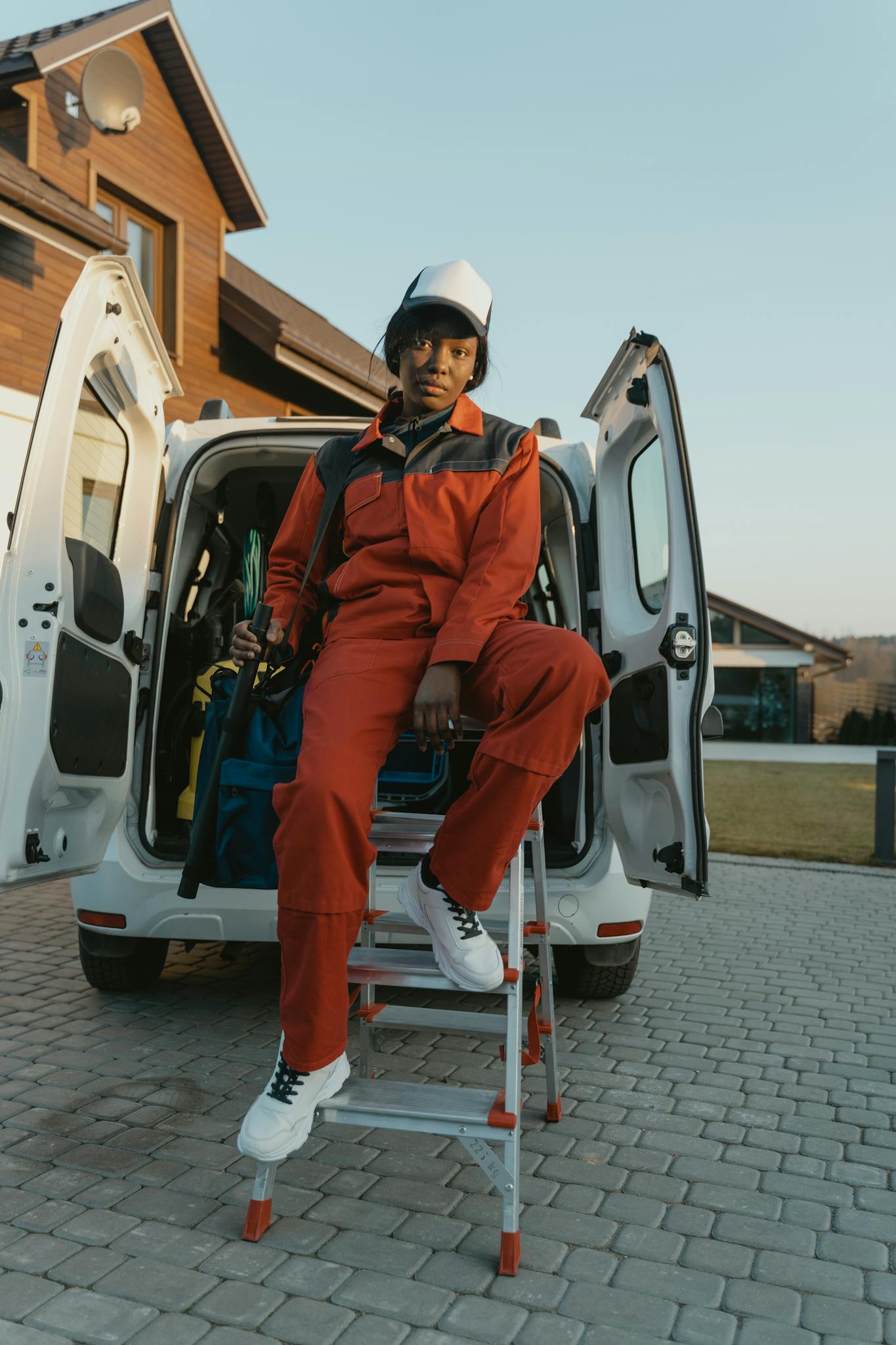 A worker in protective gear sits on a ladder beside a van during the day.